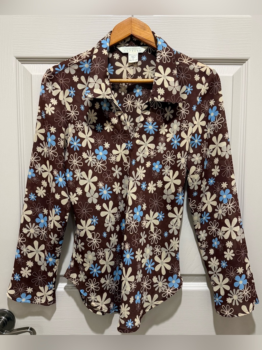 Express Vintage Floral Top Womens M Brown 90s Daisy Sheer Notch Neck Blouse⁠